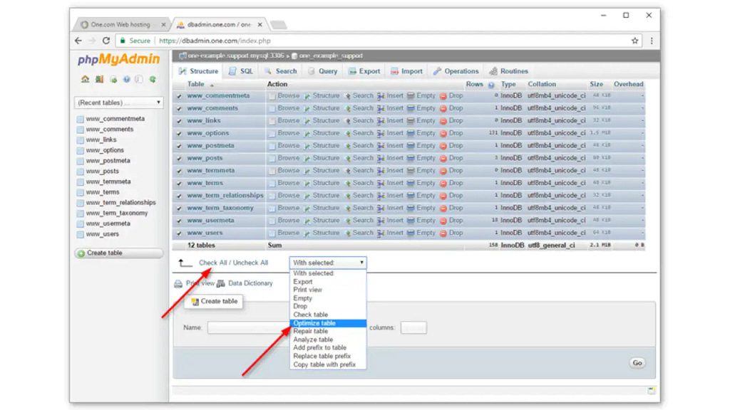 PhpMyAdmin Optimize Tablo Seçimi