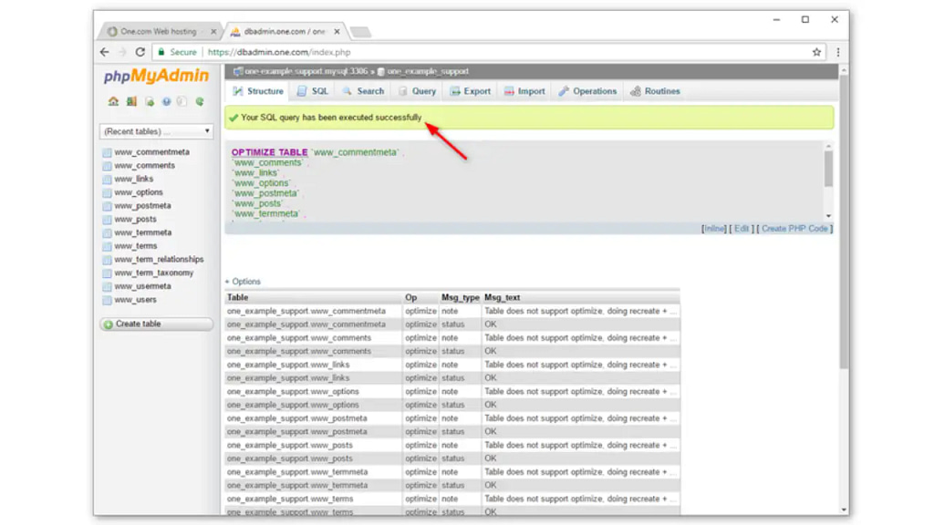 PhpMyAdmin Veri Tabanı Optimize Tamamlanma Görseli